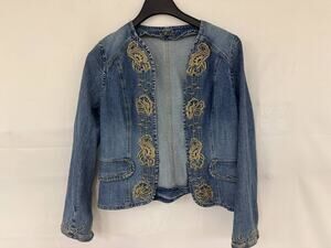 Kikit Womens Denim Jacket Large Blue Embroidered Floral Cotton Blend Open Front